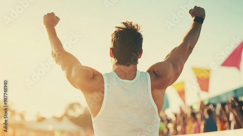 A triumphant athlete celebrates victory with raised arms against a vibrant sunset, surrounded by cheering crowd and colorful flags.