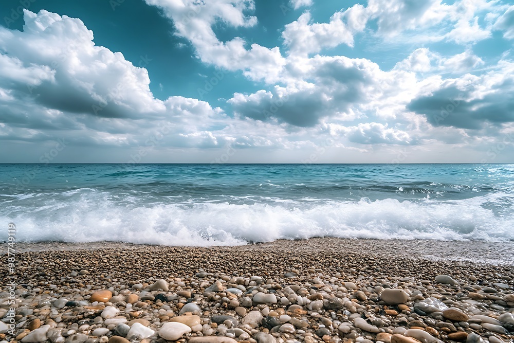 Ocean waves crashing on pebbled beach with blue sky and white clouds Ocean waves crashing on pebbled beach with blue sky and white clouds