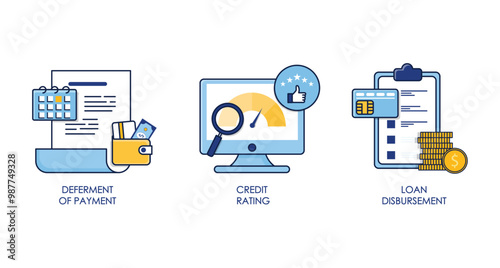 Vector icon set for financial services: deferment of payment, credit rating, loan disbursement.