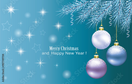 Happy New Year. Christmas glowing background with balls hanging on fir branches for banners, posters, and greetinds. Vector illustration