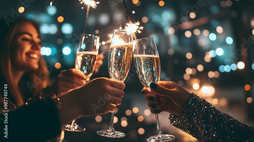 Three friends celebrating the New Year's Eve, clinking champagne glasses