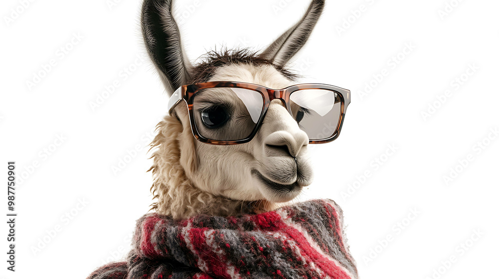 A cute llama wearing sunglasses and a scarf looks cool and fashionable. A cute llama wearing sunglasses and a scarf looks cool and fashionable.