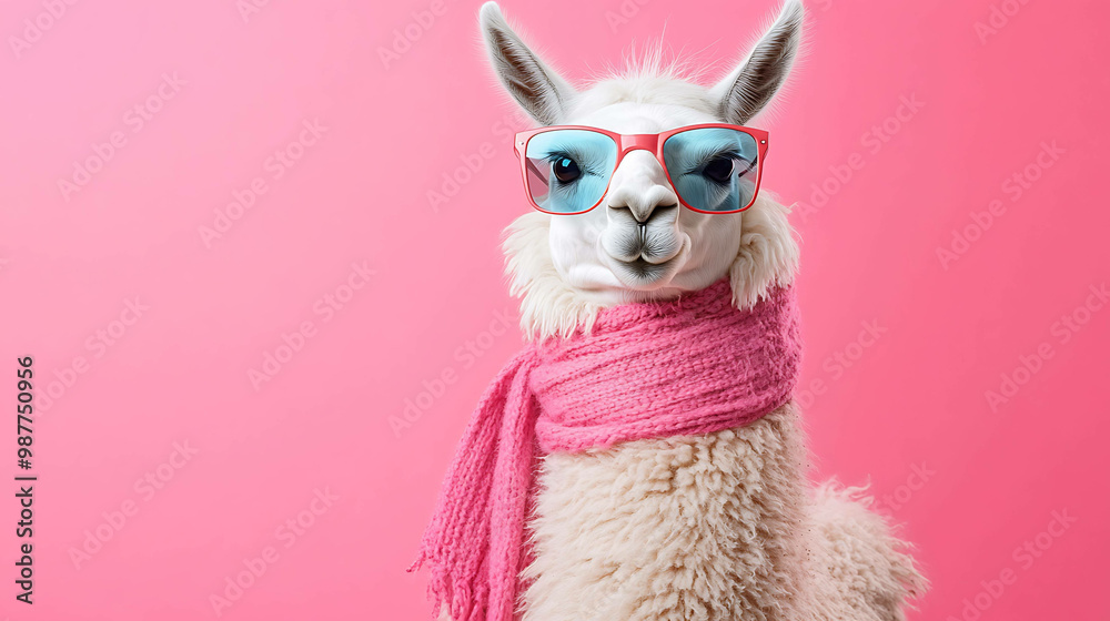 A cute llama wearing pink sunglasses and a scarf on a pink background. A cute llama wearing pink sunglasses and a scarf on a pink background.