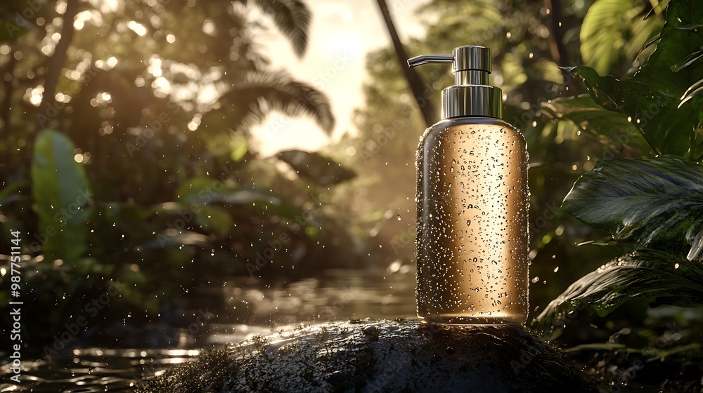 Natural Skincare Bottle In Tropical Forest Setting