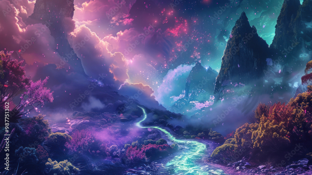 Obraz premium A winding holographic path that leads to a forgotten, untouched paradise hidden in another dimension