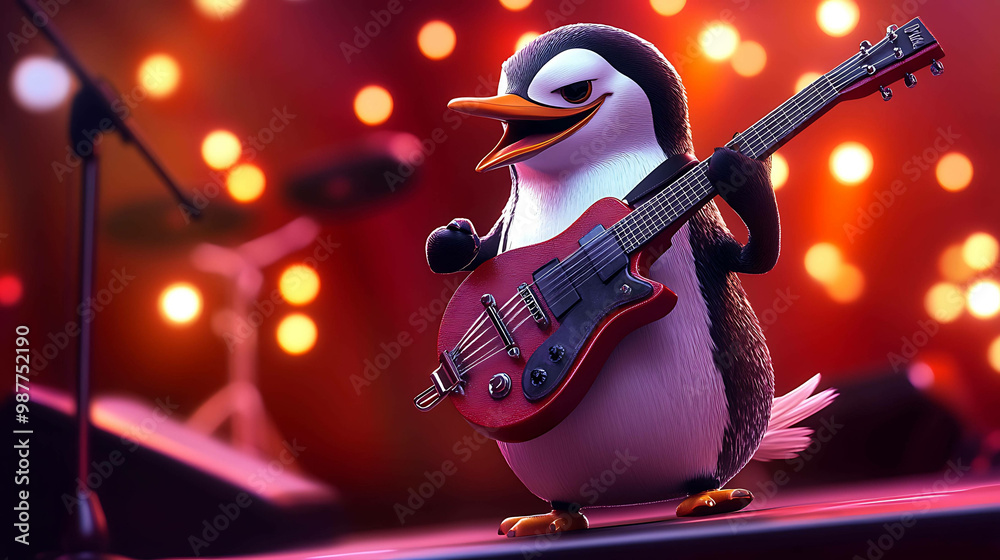 Obraz premium A cartoon penguin in a concert setting is playing a red electric guitar.