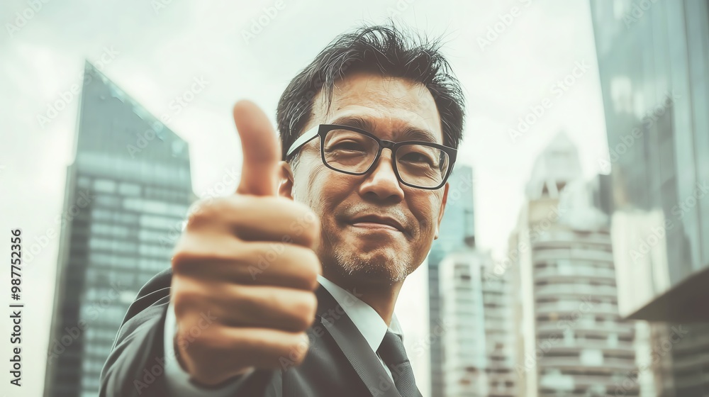 Confident businessman giving a thumbs up gesture in a modern urban setting, showcasing positivity and professional success. Confident businessman giving a thumbs up gesture in a modern urban setting, showcasing positivity and professional success.