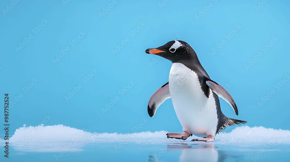 Obraz premium A penguin walks across a small patch of snow on a blue background.