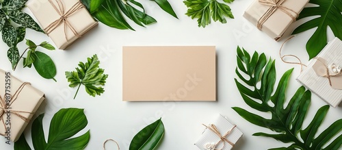 Mockup of a birthday or wedding card on a white table with a green leaf background