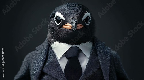 A penguin in a suit and tie stares intensely at the camera. photo