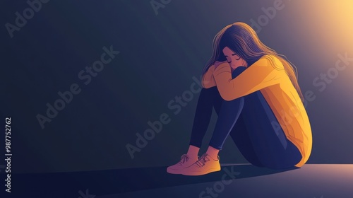 Expression cartoon illustration of a woman sitting because of stress sadness depression because of life problems background wallpaper AI generated image