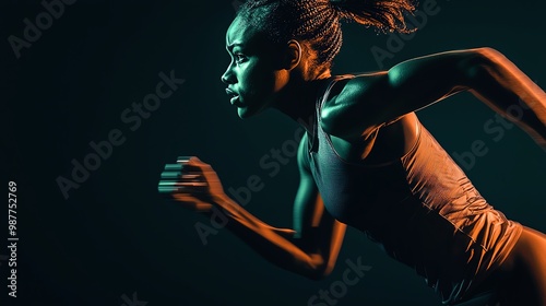 Dynamic runner in motion, showcasing strength and athleticism against a dramatic backdrop. Perfect for fitness and sports themes.