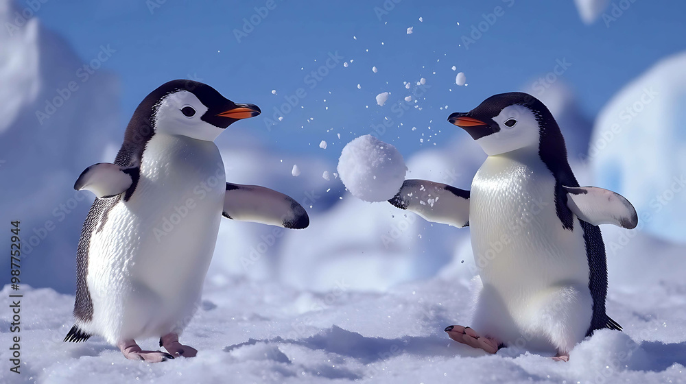 Obraz premium Two penguins playing with a snowball.