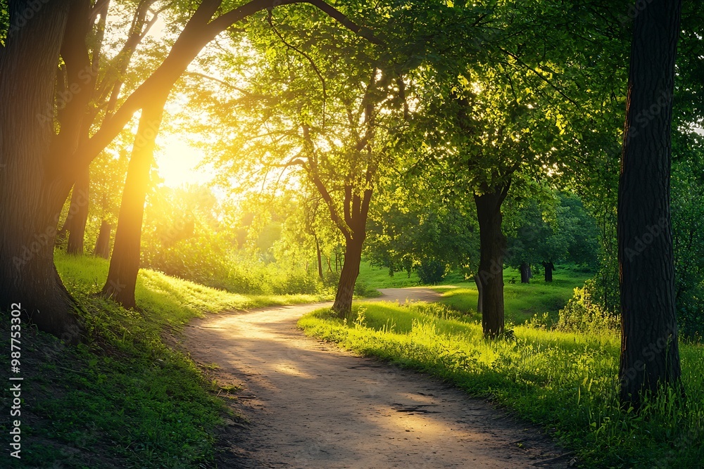 Obraz premium Sunset in a green forest with a pathway