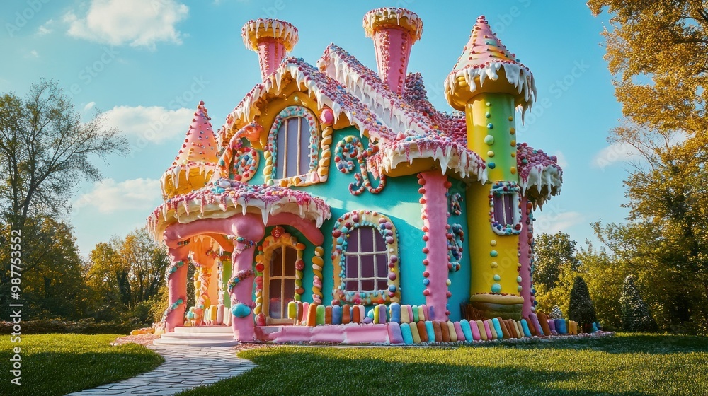 Obraz premium A whimsical candy-coated gingerbread house stands in a lush green garden.