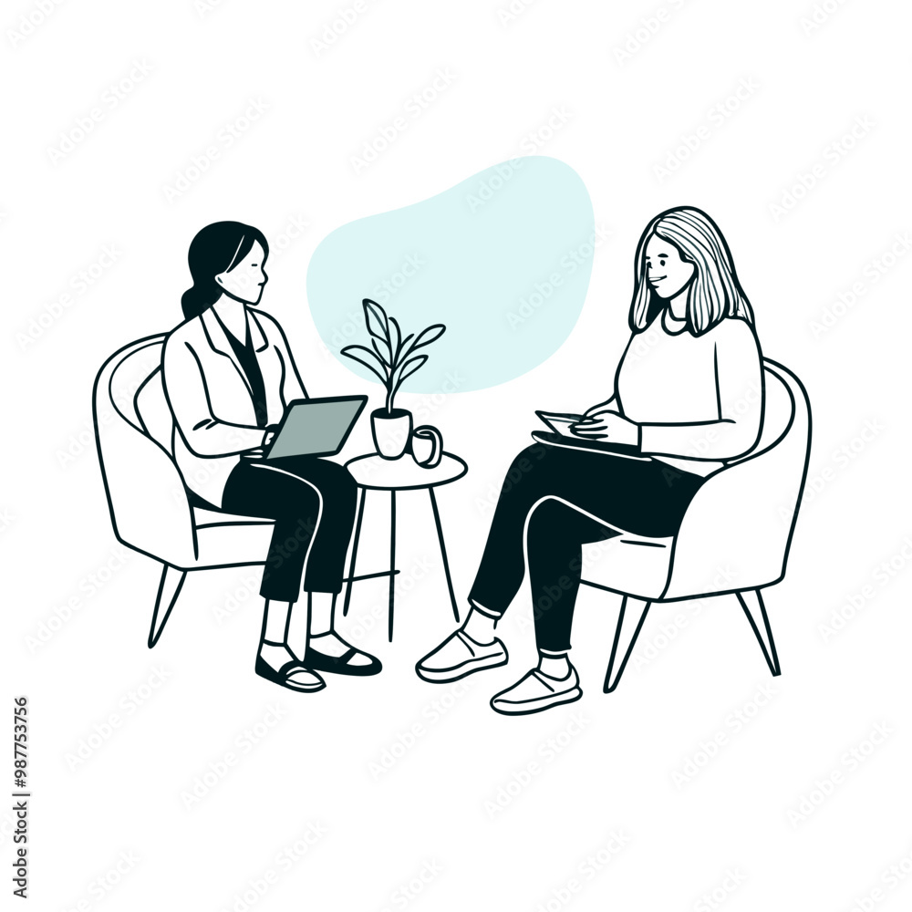 Two women engaged in conversation with laptops in a cozy indoor setting against a minimalist background for concept