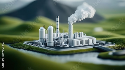 Futuristic geothermal energy facility using underground heat for clean energy, surrounded by nature
