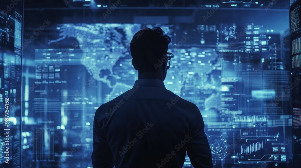 Silhouetted Figure Observing Digital Data and a World Map on a Large Screen Silhouetted Figure Observing Digital Data and a World Map on a Large Screen