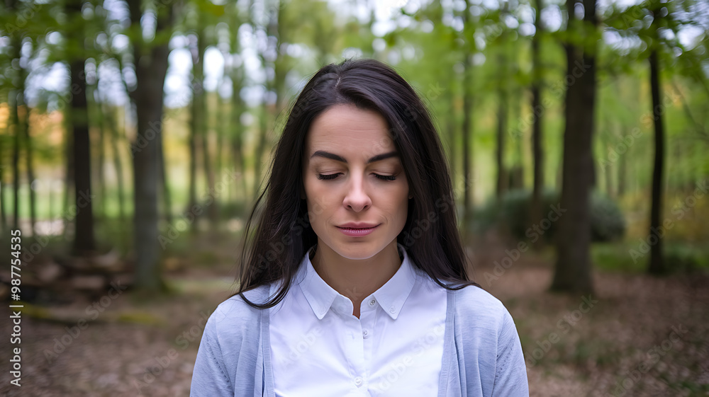 A woman with long black hair, wearing a blue sweater and white shirt, meditates in a forest with green trees.  Peaceful, nature, serenity. 
