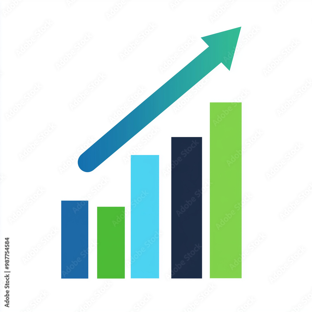 Business Bar Graph with Upward Trend Arrow Sticker on White Background Business Bar Graph with Upward Trend Arrow Sticker on White Background