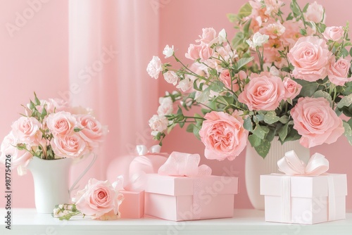 Pastel pink table with gift boxes and pink roses, suited for birthdays, weddings, and special occasions.