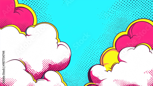 Pop art cartoon cloudscape background with halftone pattern