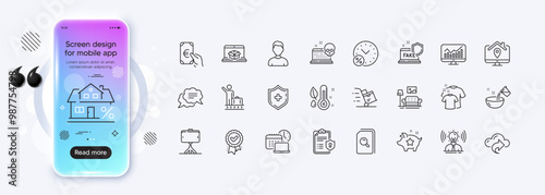 Furniture, Brand and Medical shield line icons for web app. Phone mockup gradient screen. Pack of Mortgage, Work home, Loyalty points pictogram icons. Vector