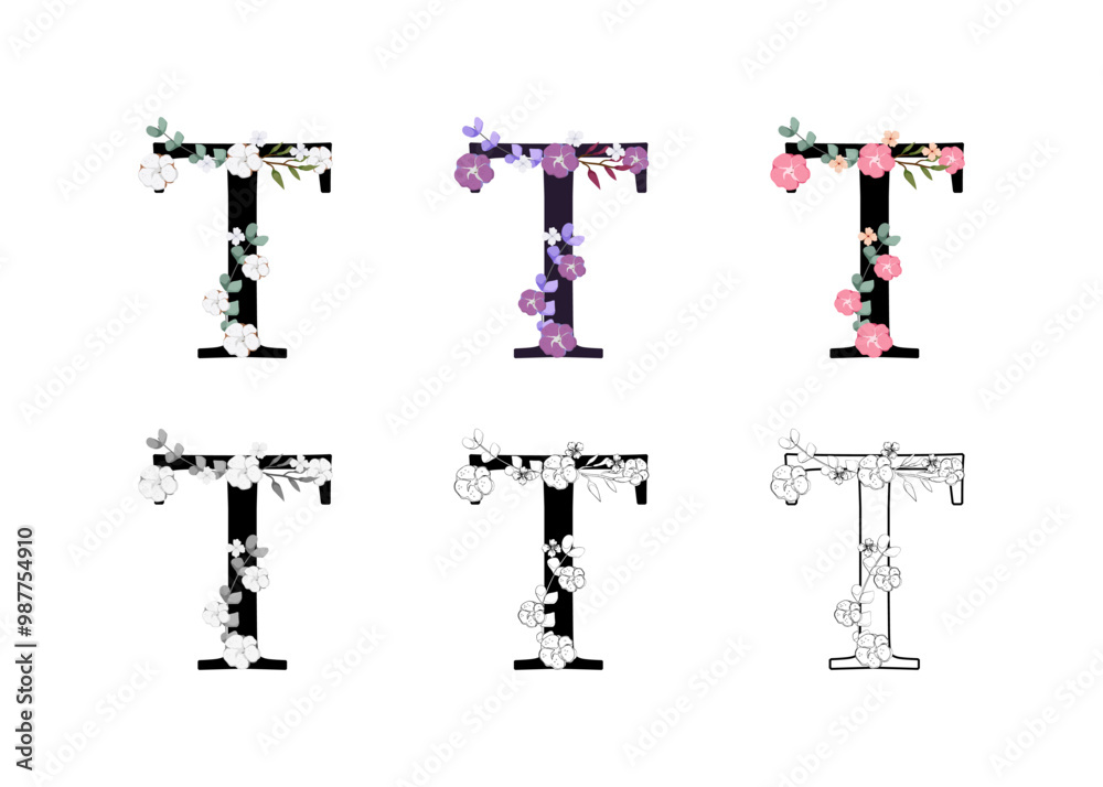 Vector collection of the letters T adorned with floral designs. Vector collection of the letters T adorned with floral designs.