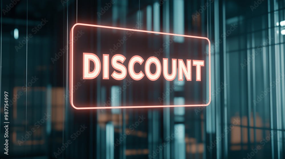 A glowing holographic sign displaying DISCOUNT in bold letters, floating in a futuristic cityscape, empty digital screen below for additional text A glowing holographic sign displaying DISCOUNT in bold letters, floating in a futuristic cityscape, empty digital screen below for additional text