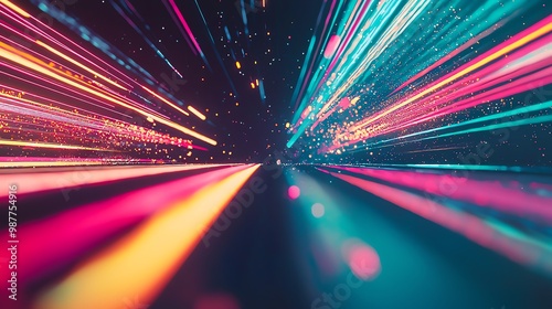 Vibrant light beams create a dynamic effect, representing speed and energy in a colorful abstract background.