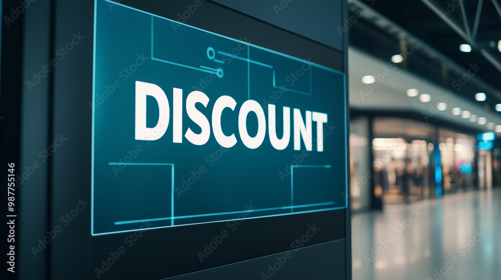 A sleek digital screen displaying DISCOUNT in bold white letters, plenty of space for copy below, high-tech shopping mall background, soft ambient lighting A sleek digital screen displaying DISCOUNT in bold white letters, plenty of space for copy below, high-tech shopping mall background, soft ambient lighting