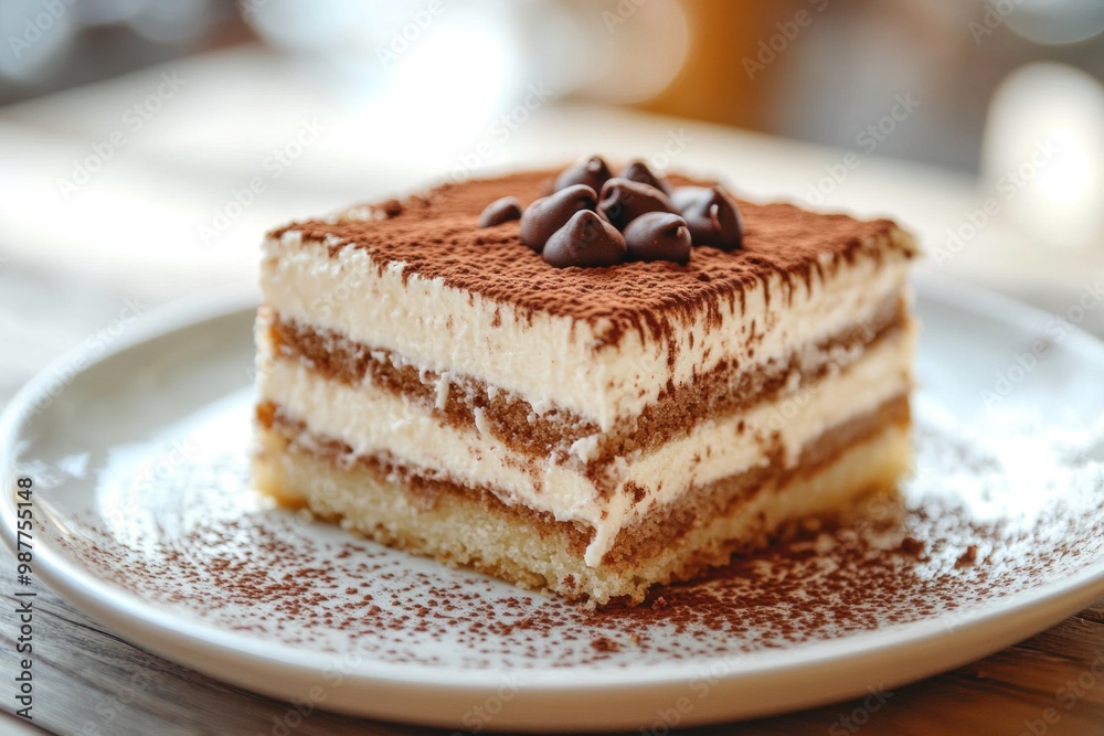 Delicious tiramisu cake with coffee beans on white plate Delicious tiramisu cake with coffee beans on white plate