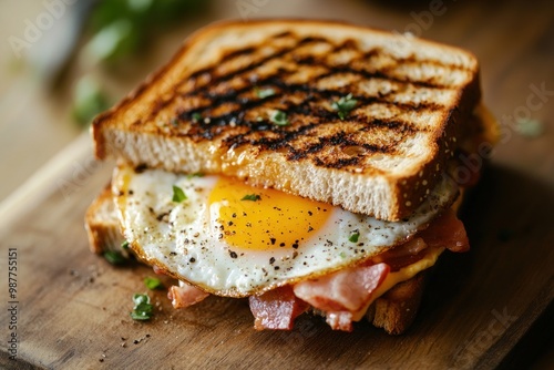 Delicious toasted croque madame sandwich with fried egg and bacon photo