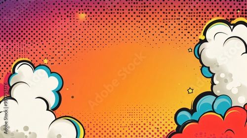 Colorful comic book style background with speech bubbles and halftone pattern