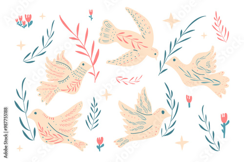 Doves of peace folk set. Flying pigeon holding an olive branch kit. Vector hand drawn flat birds collection illustration isolated on white background.