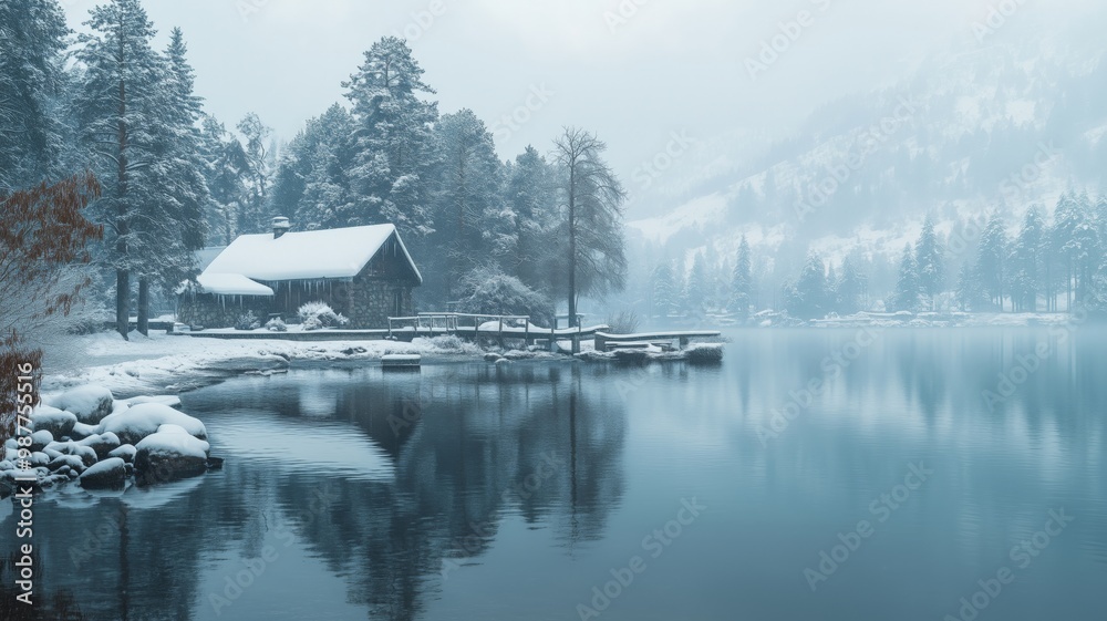 Fototapeta premium Cabin by a lake in a winter landscape