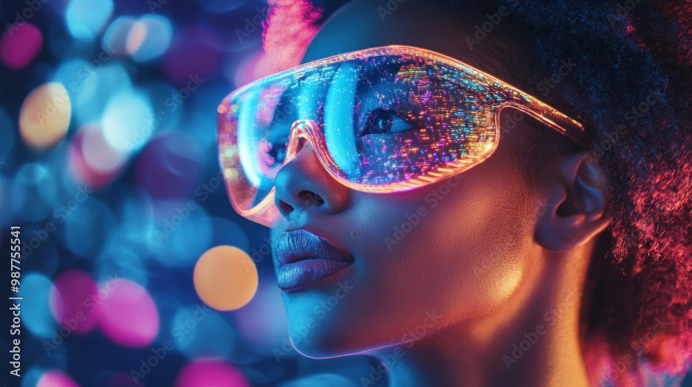 Woman Wearing Neon Glasses with Cityscape Reflection Woman Wearing Neon Glasses with Cityscape Reflection