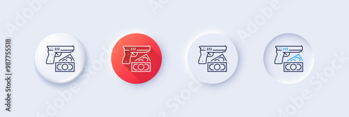 Robbery line icon. Neumorphic, Red gradient, 3d pin buttons. Money fraud crime sign. Thief with gun steal cash symbol. Line icons. Neumorphic buttons with outline signs. Vector