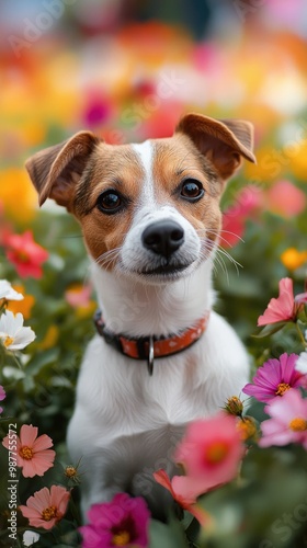 Jack Russell in flowers, green lawn full of flowers, Jack Russell very cute expression