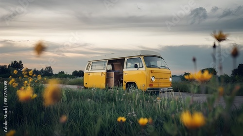 Wallpaper Mural A sunny yellow van rests in a field bursting with yellow flowers, capturing a moment of tranquility in nature Torontodigital.ca