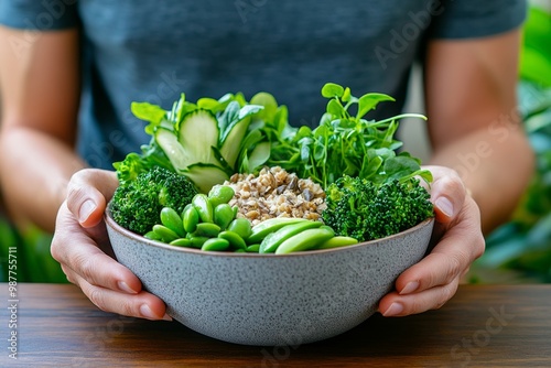 A person practicing mindful eating, enjoying a nutritious meal slowly and with intention photo