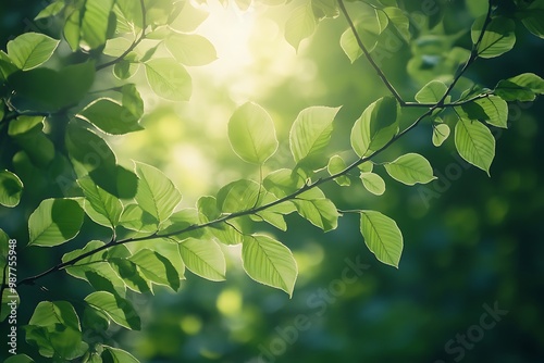 Sunlight filtering through lush green leaves in a forest