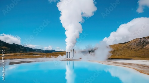 Modern geothermal energy facility in a natural environment, producing sustainable power with minimal impact