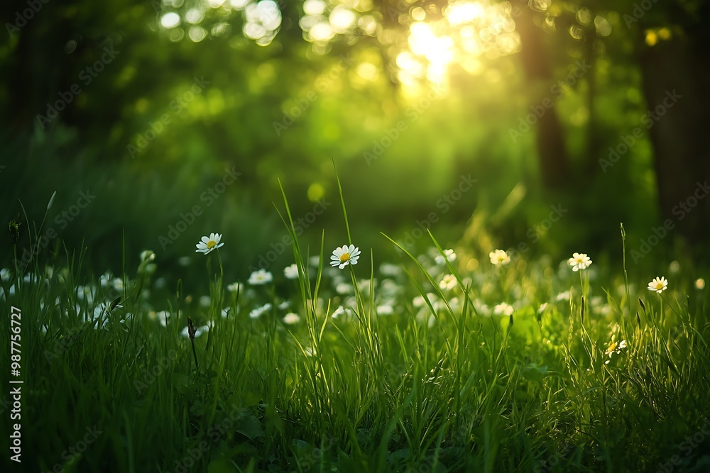 Beautiful Field of Daisies in Sunlight, Green Grass, Springtime, Nature Background Beautiful Field of Daisies in Sunlight, Green Grass, Springtime, Nature Background