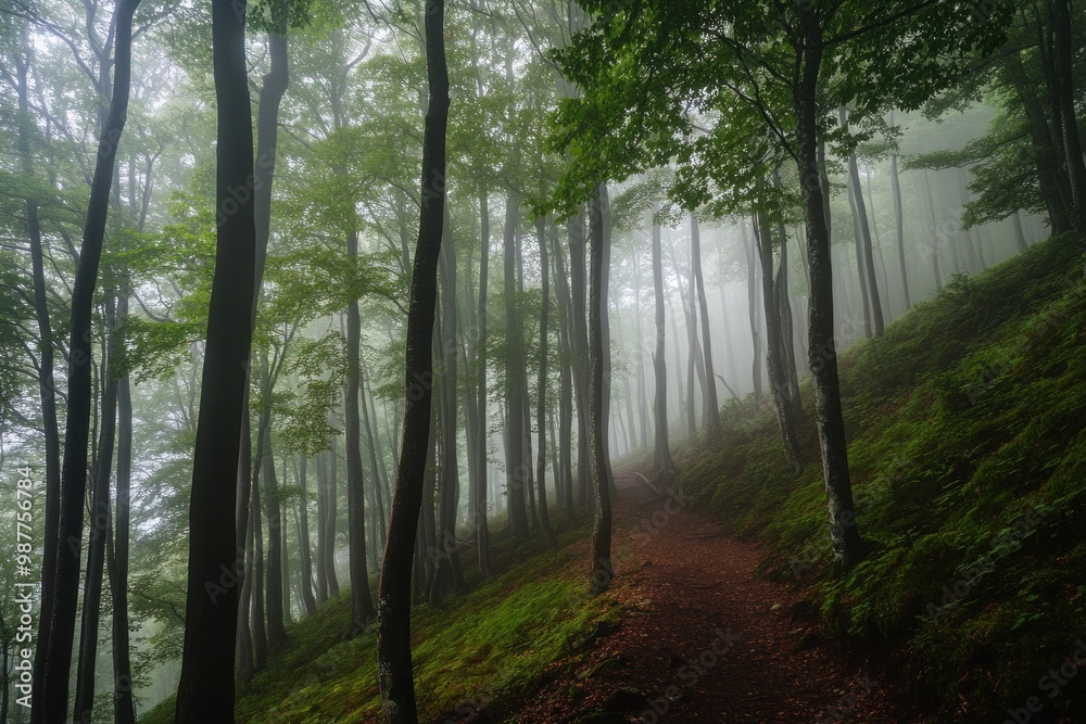 Hiking trail winding through foggy green forest Hiking trail winding through foggy green forest