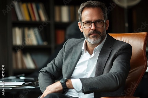 Confident mature businessman sitting in office with bookshelves in background