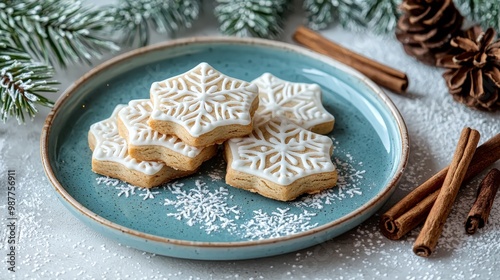 gingerbread christmas cookies in a hexagon shape on a blue plate