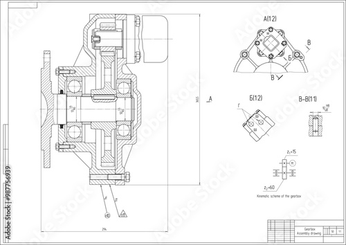 Gearbox assembly drawing. 
Vector design of steel mechanical part with through holes
and dimension lines.
Engineering cad scheme. Technical computer template.