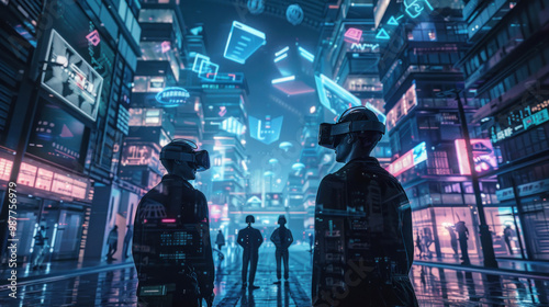 Wallpaper Mural Business leaders meeting in a cyberpunk city, overseeing financial growth in virtual reality spaces projected above glowing city streets Torontodigital.ca