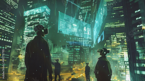 Wallpaper Mural Business leaders meeting in a cyberpunk city, overseeing financial growth in virtual reality spaces projected above glowing city streets Torontodigital.ca